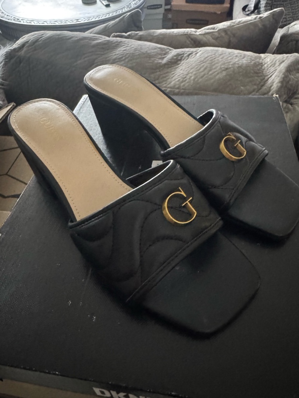 GUESS Black Quilted Slide Mules with Gold G Logo